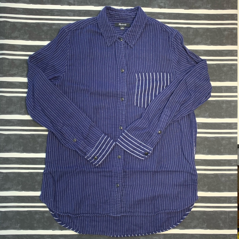Madewell Blue Striped Button Down Flannel Shirt